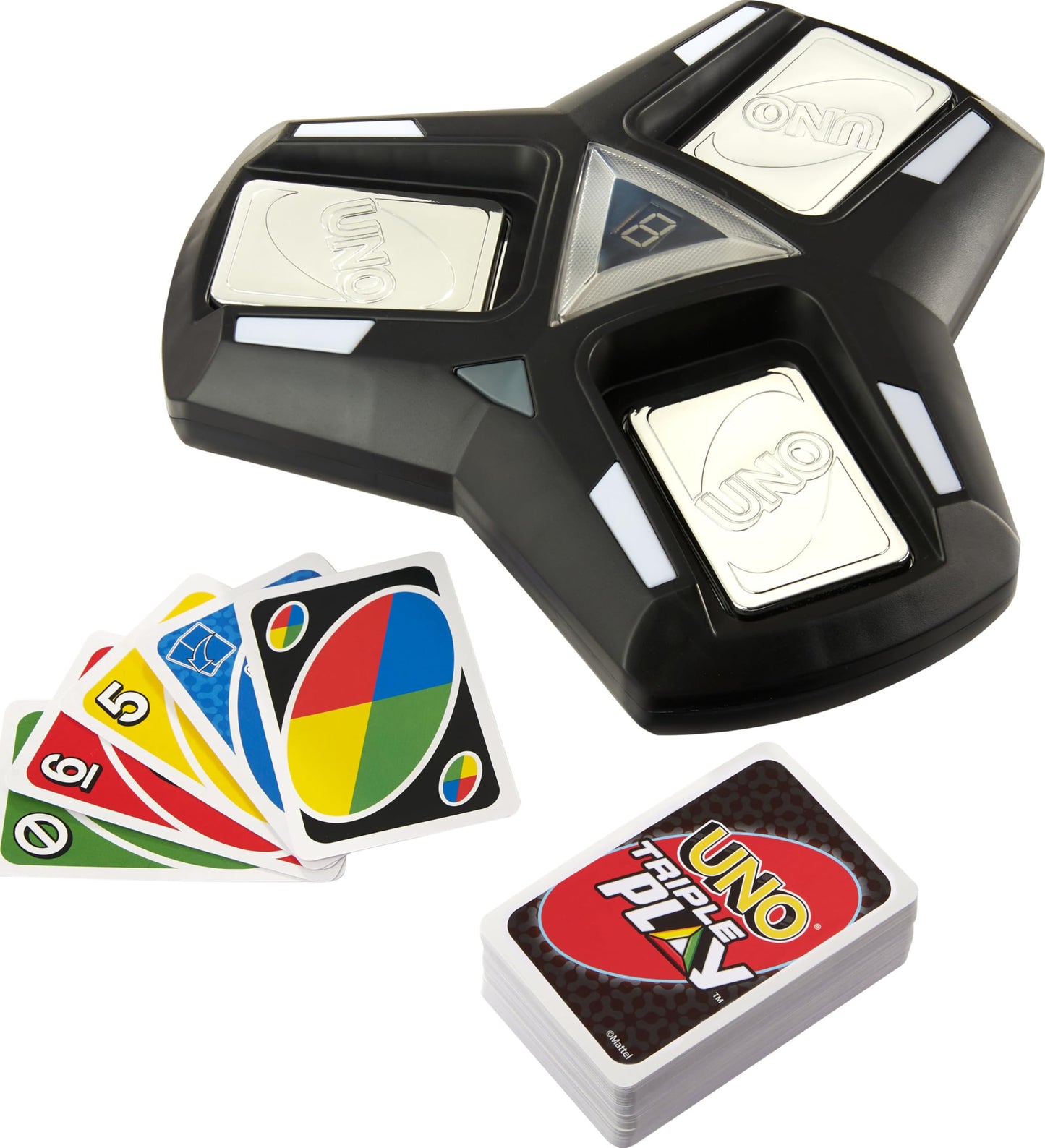Mattel Games UNO Triple Play Card Game – 3 Piles, Lights & Sounds, Stealth Mode