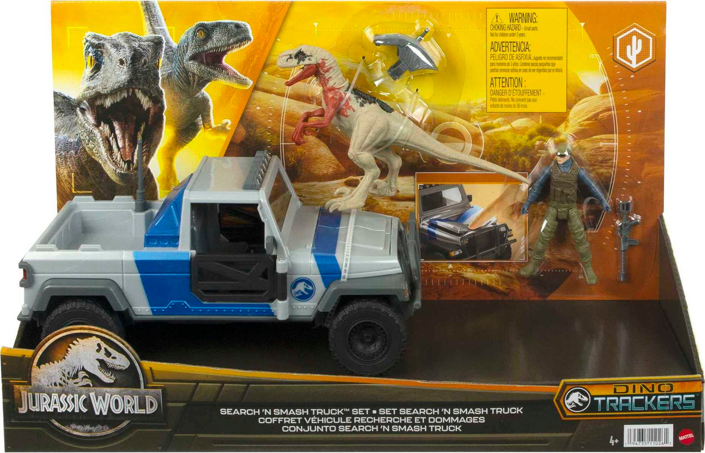 Mattel Jurassic World Search 'n Smash Truck Set with Atrociraptor & Mercenary Figure – Destruct Front Hood