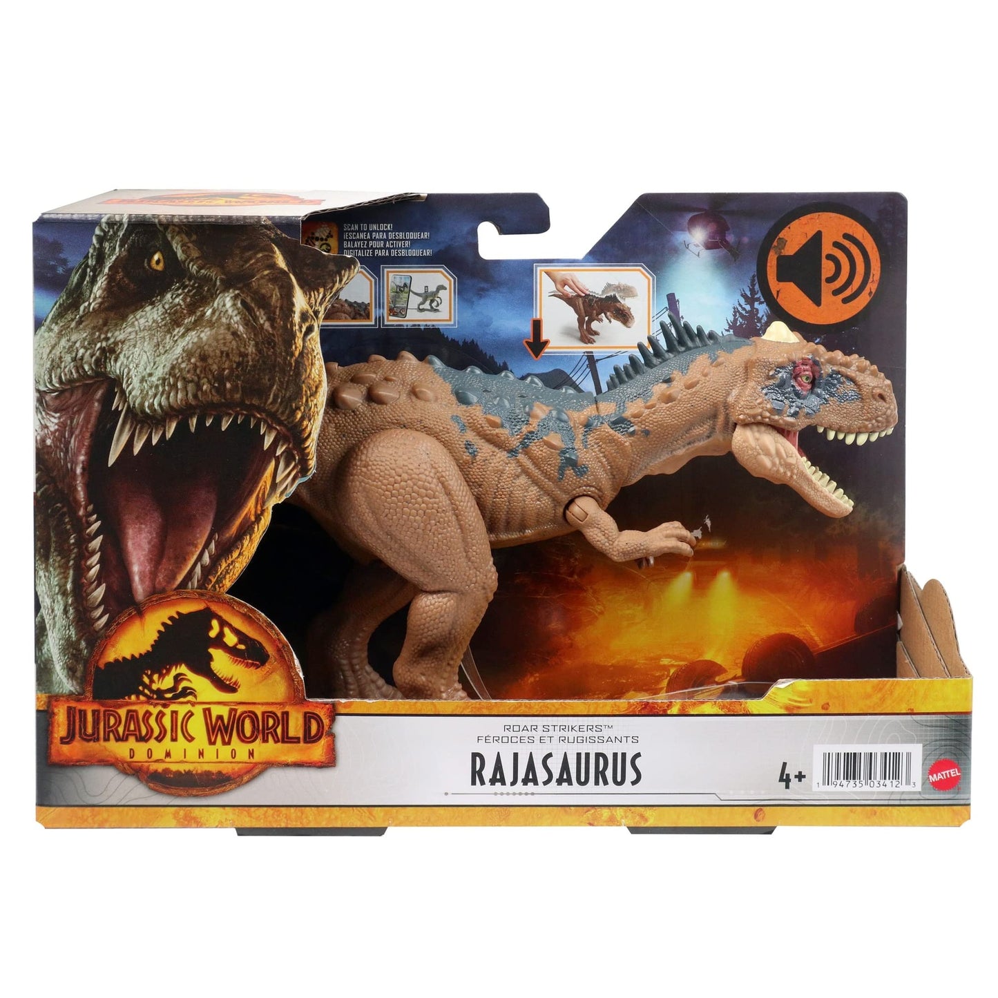 Mattel Jurassic World Dominion Roar Strikers Rajasaurus Action Figure with AR Play