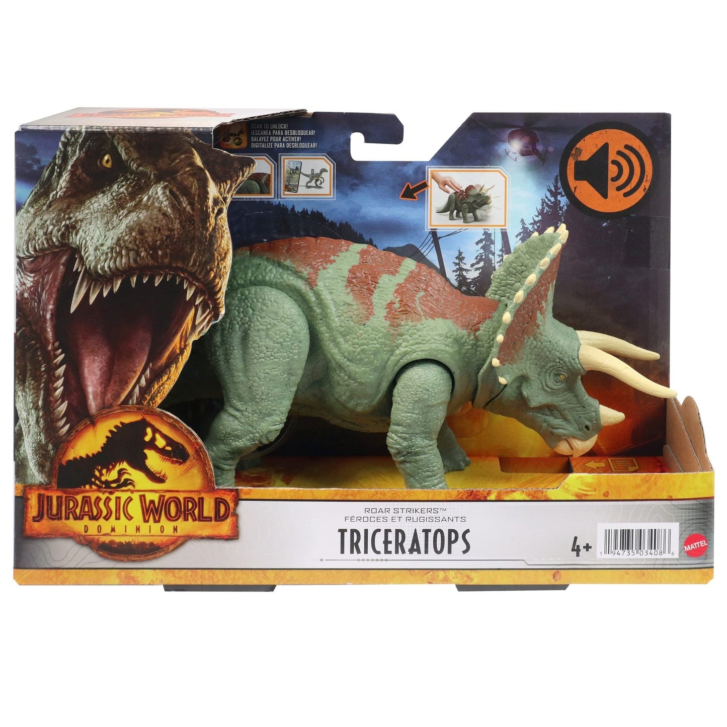 Mattel Jurassic World Dominion Roar Strikers Triceratops – Roaring Action Figure with AR