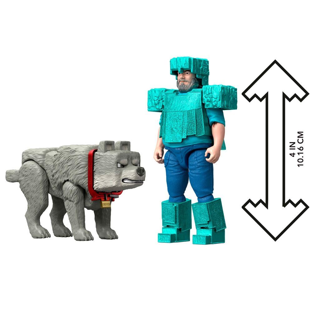 Mattel Minecraft 4-Inch Steve in Diamond Armor with Dennis Wolf 2-Pack | Movie-Inspired Action Figures