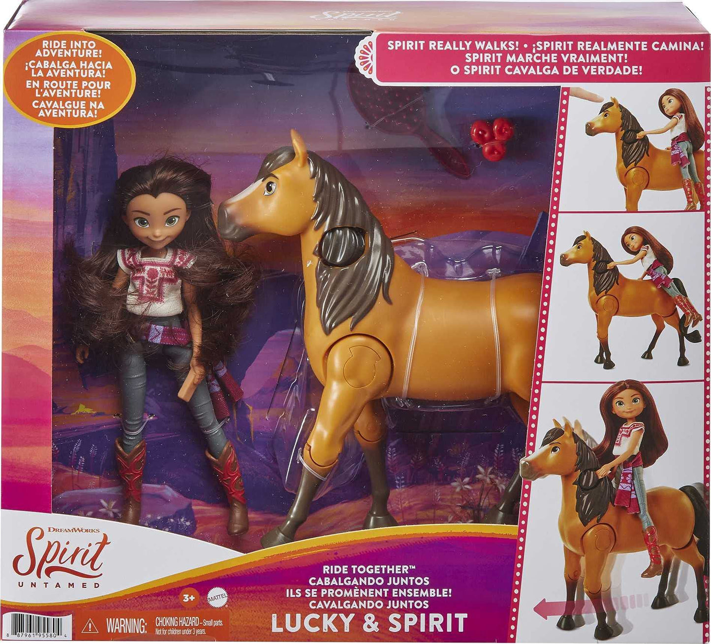 Mattel Spirit Untamed Lucky Doll & Spirit Horse Ride Together Playset – Jumps, Walks, Grooming Brush & Apples