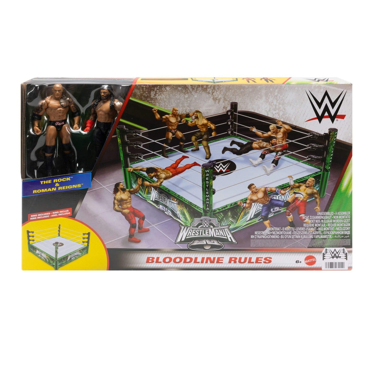 Mattel WWE Bloodline Rules Playset – Ring, The Rock & Roman Reigns (6-Inch Figures)