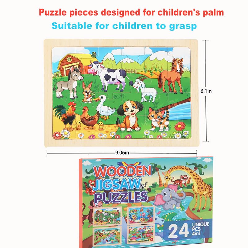 MAX JHQIQU 24-Piece Wooden Puzzles for Kids 4–6 | 4-Pack Educational Jigsaw Toys