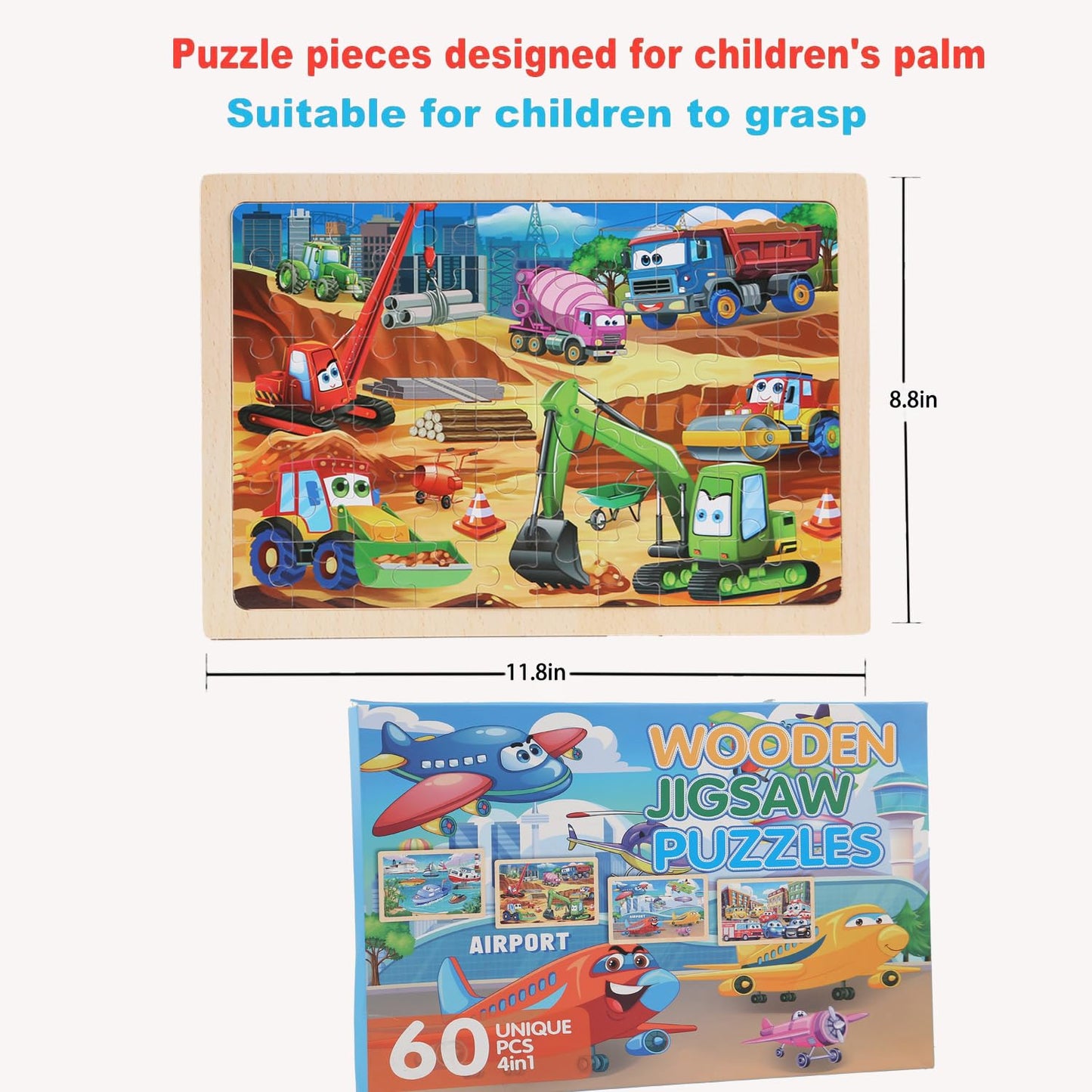 MAX JHQIQU Wooden Puzzles Vehicle Toys for Kids 3-5 — 4-Pack 24-Piece Wood Jigsaw Puzzles