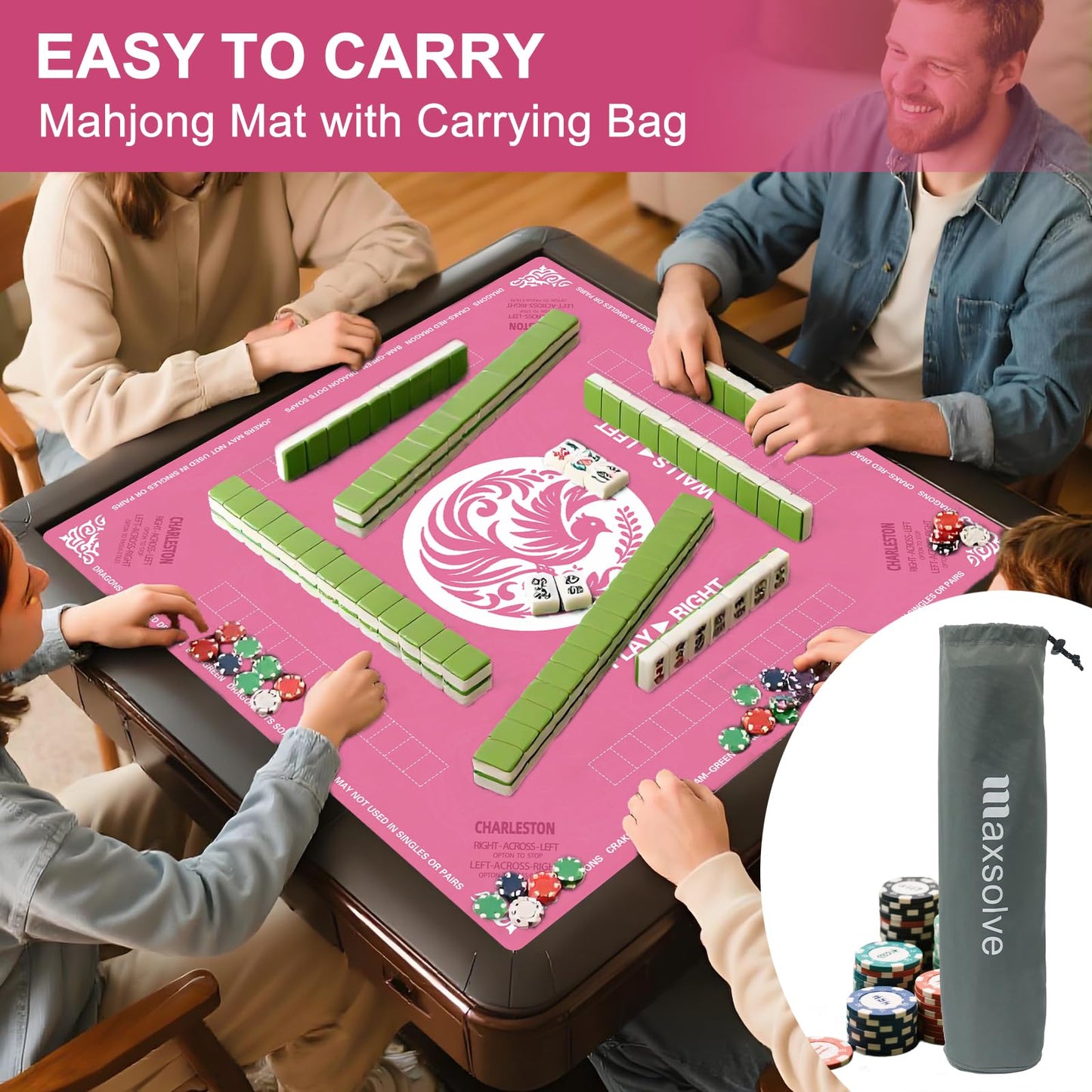 Maxsolve Mahjong Mat 31.5 x 31.5 in | Neoprene Table Mat with Rules, Anti-Slip & Noise Reduction