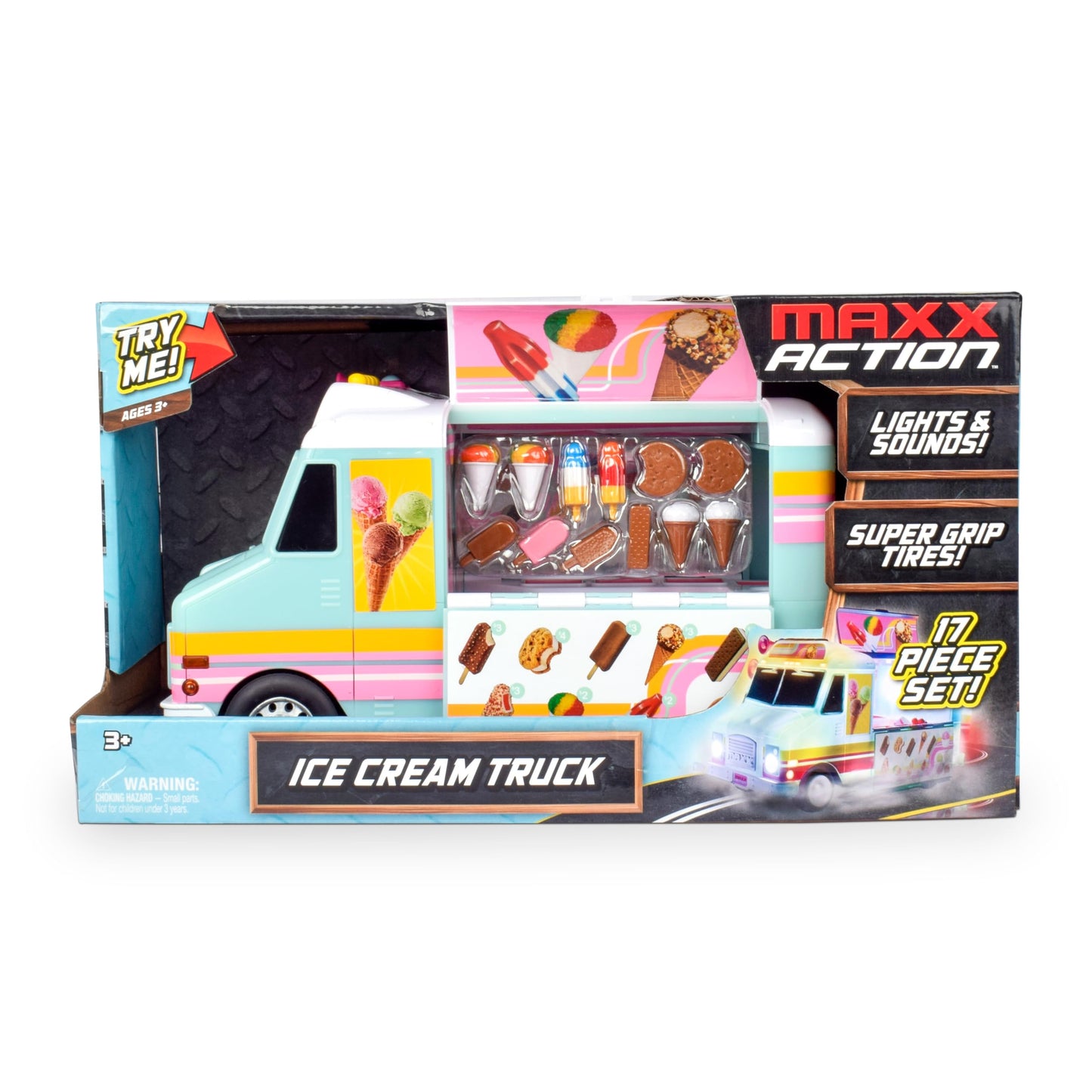 Maxx Action 12” Ice Cream Food Truck – Lights, Sounds & 16-Piece Miniatures | Imaginative Play for Kids 3+