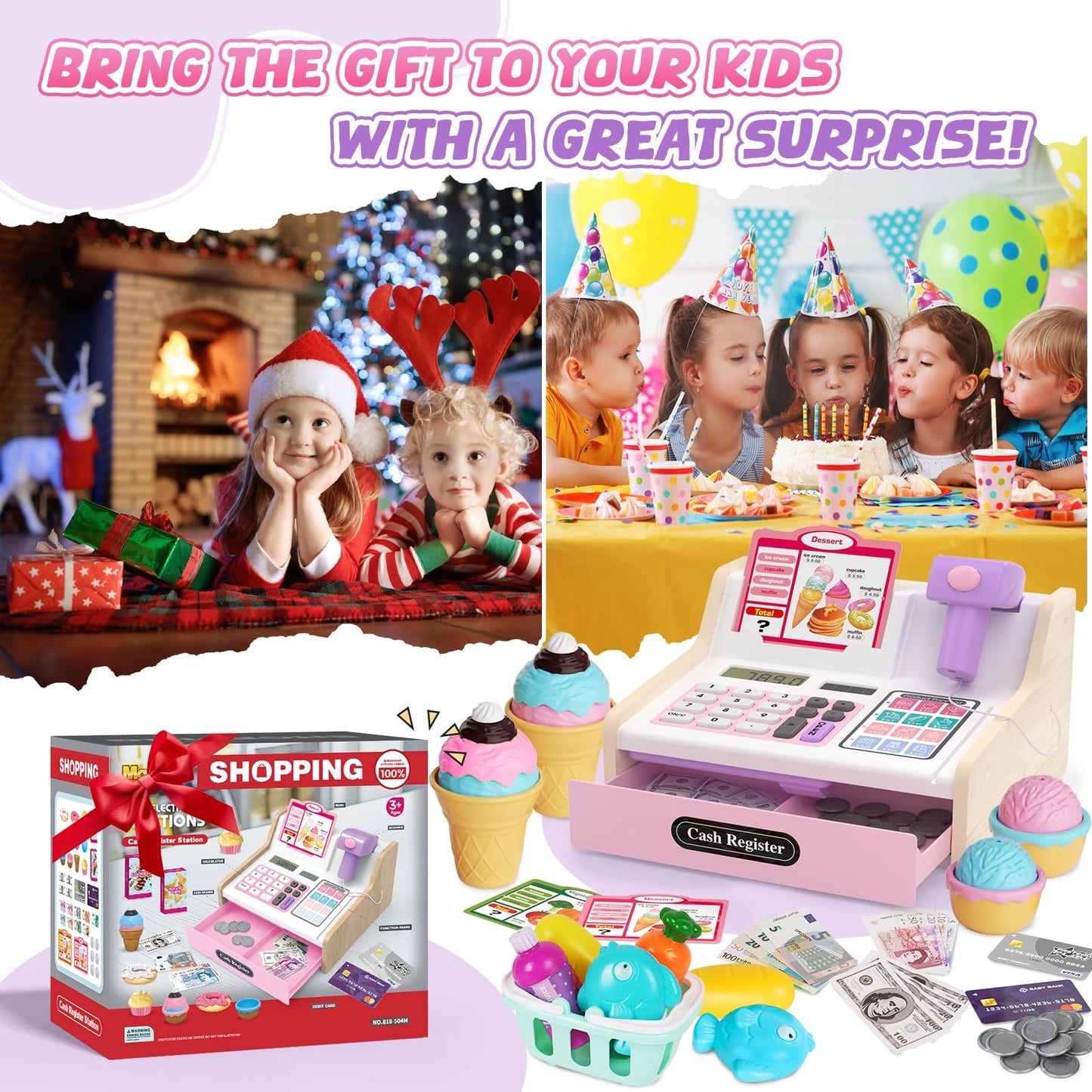 Maysida Wooden Cash Register for Kids – Rechargeable Toy with Scanner & Fake Money (Pink)