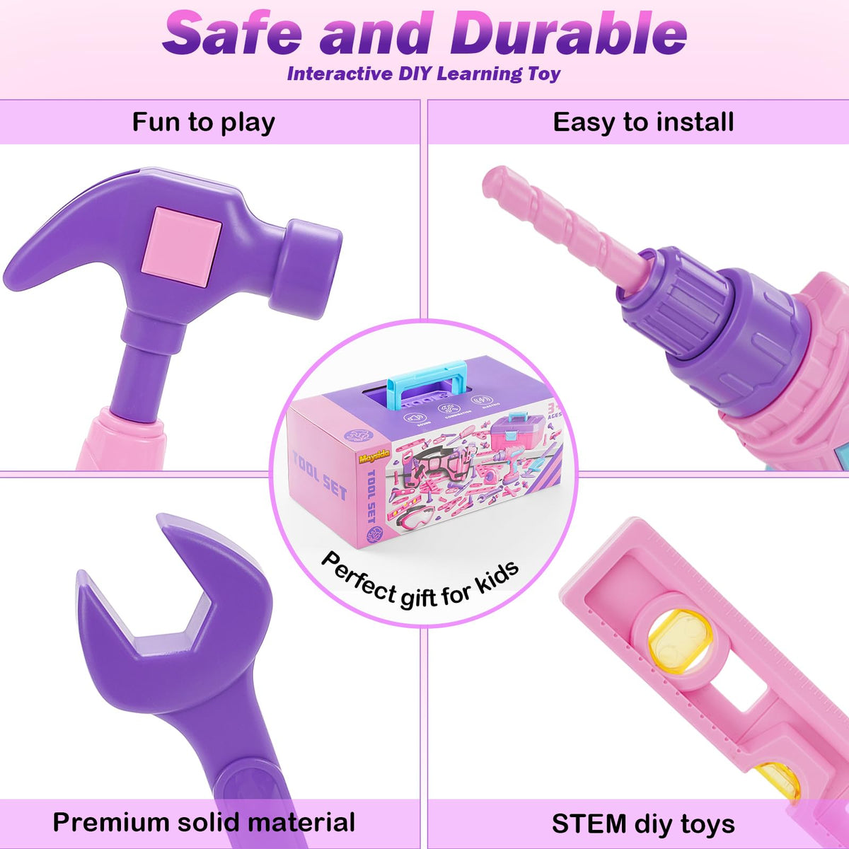 Maysida Kids Tool Set – 67 Pcs Pink Box, Pretend Play Construction Toys for Girls