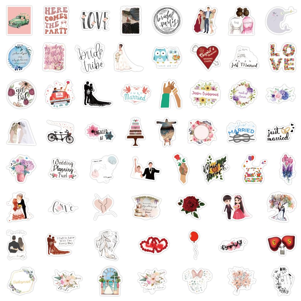 Mcxywmsp 60Pcs Wedding Stickers for Scrapbooking – Waterproof Vinyl Stickers for Laptops, Phones & Bottles