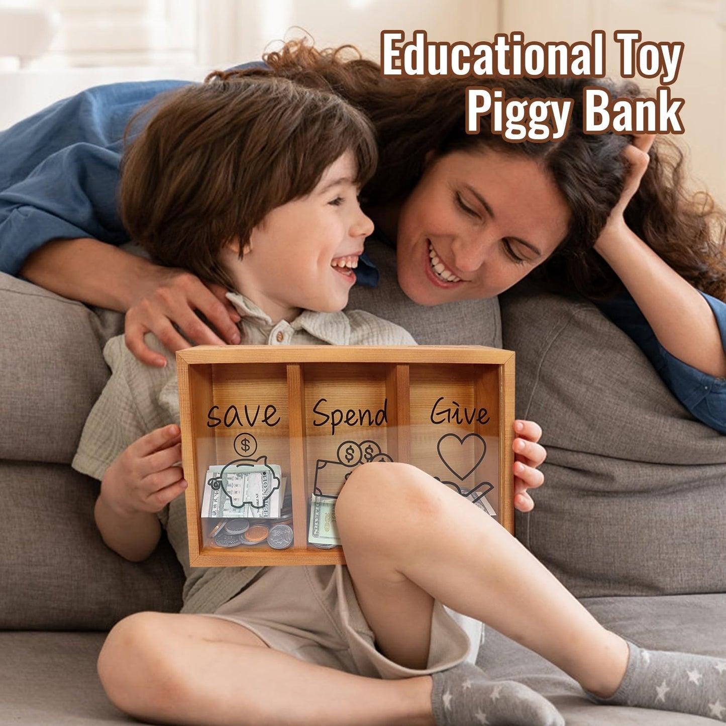 Mczxon Wooden Spend Save Give Piggy Bank for Kids – 3-Compartment Money Box