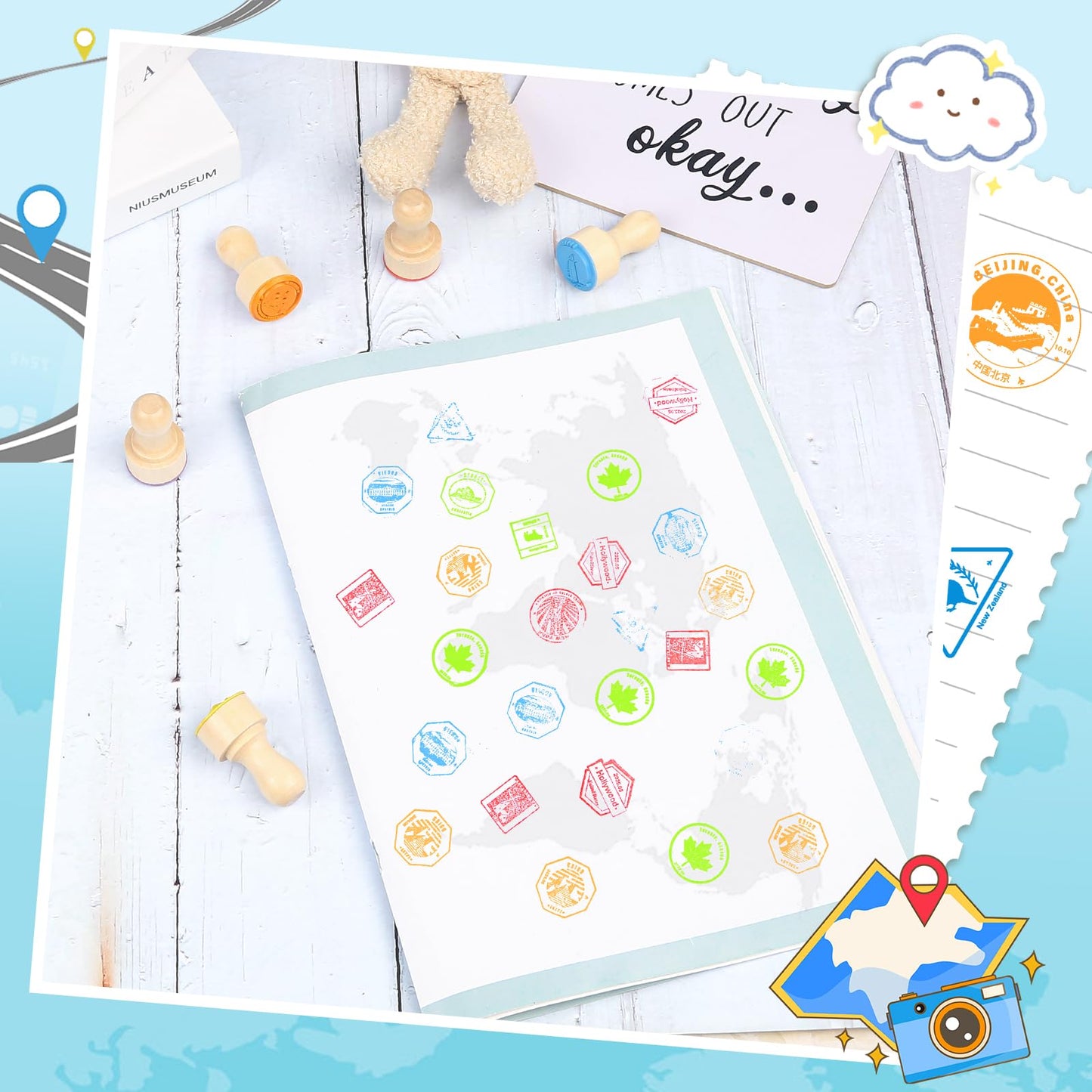 MeCids Passport Stamps for Kids – City & Country Stamp Set (24 Landmarks) | Educational Travel-Themed Arts & Crafts