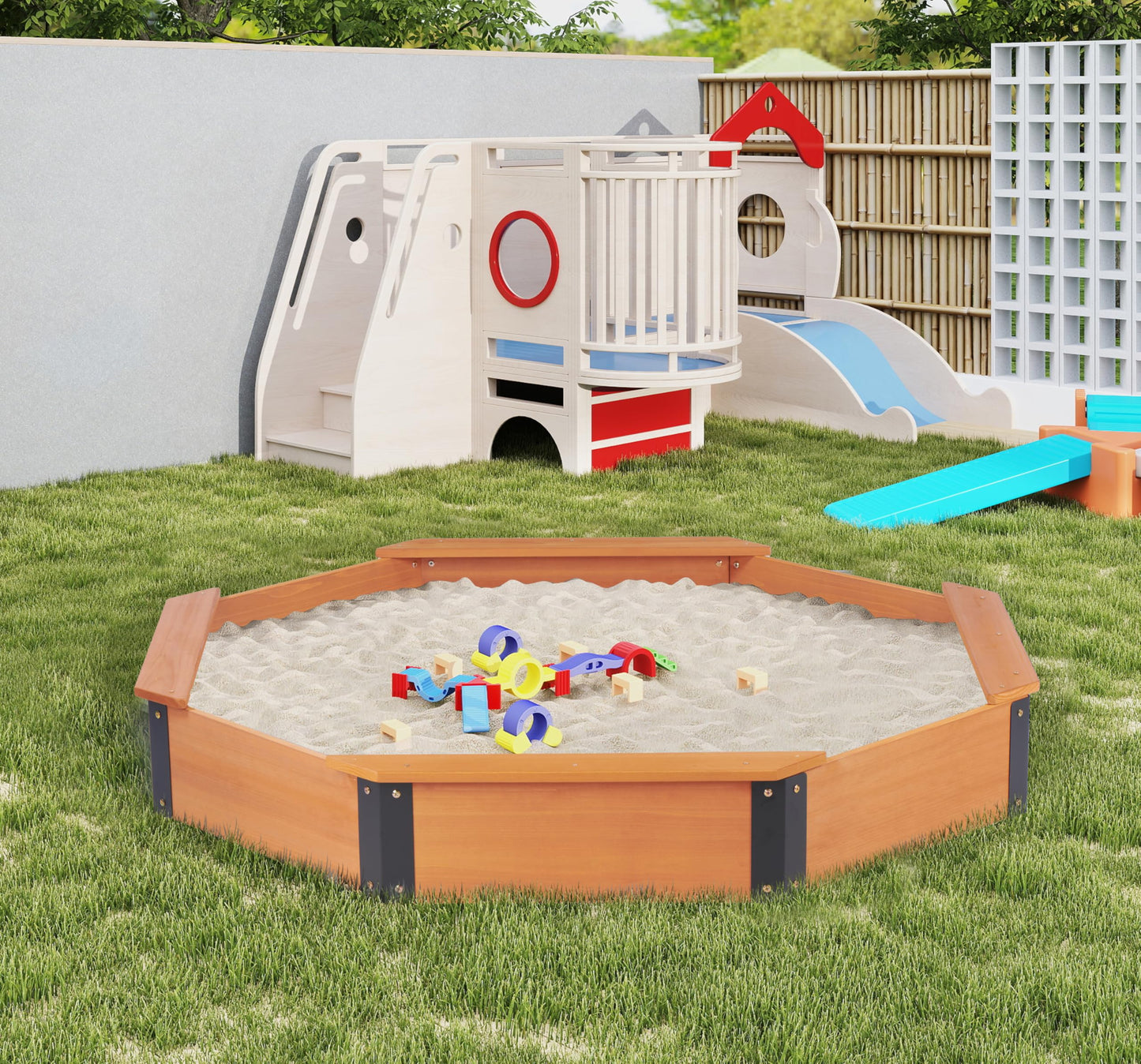 Mederra 64x56x9 Wooden Octagon Sandbox with Cover – Large Outdoor Sandpit, Easy & Quick Assembly