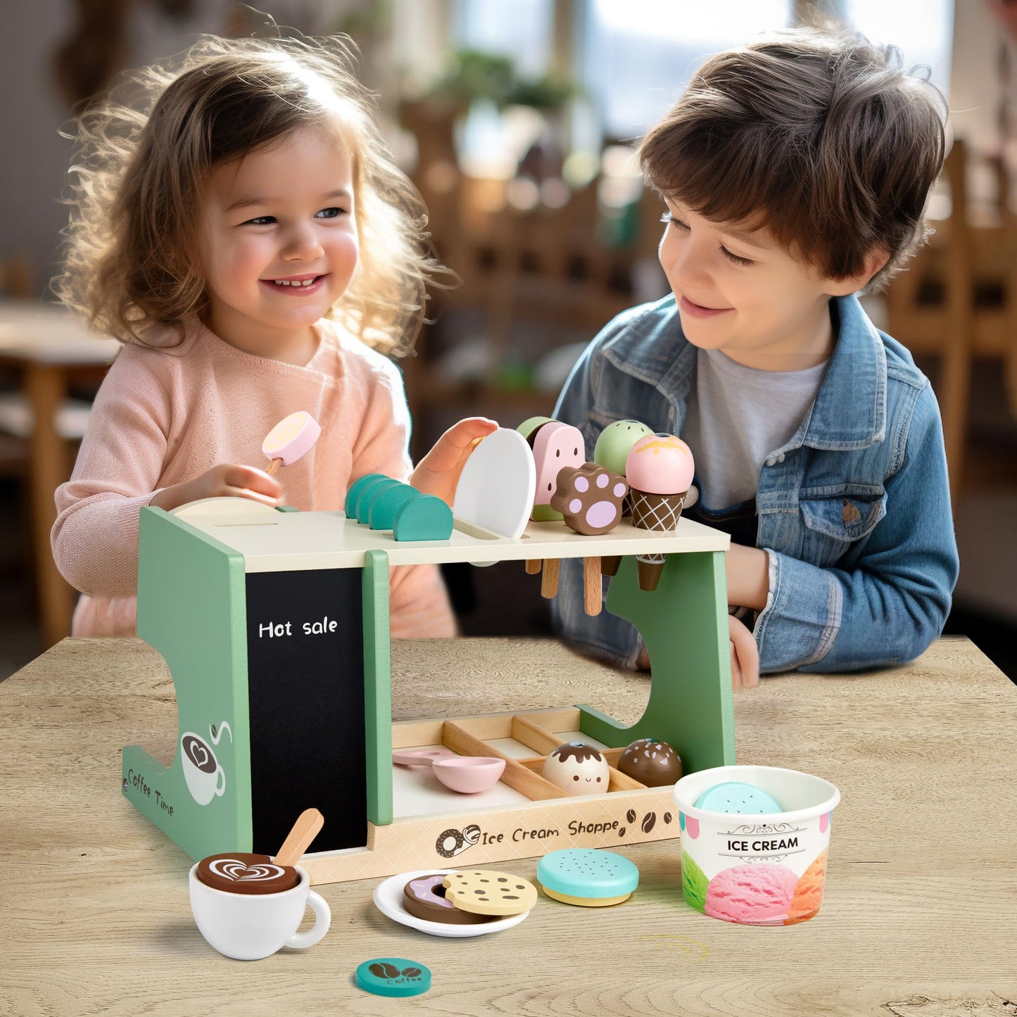 Medoga Wooden Ice Cream Counter 3-in-1 Coffee Maker – 24-Piece Pretend Play Kit