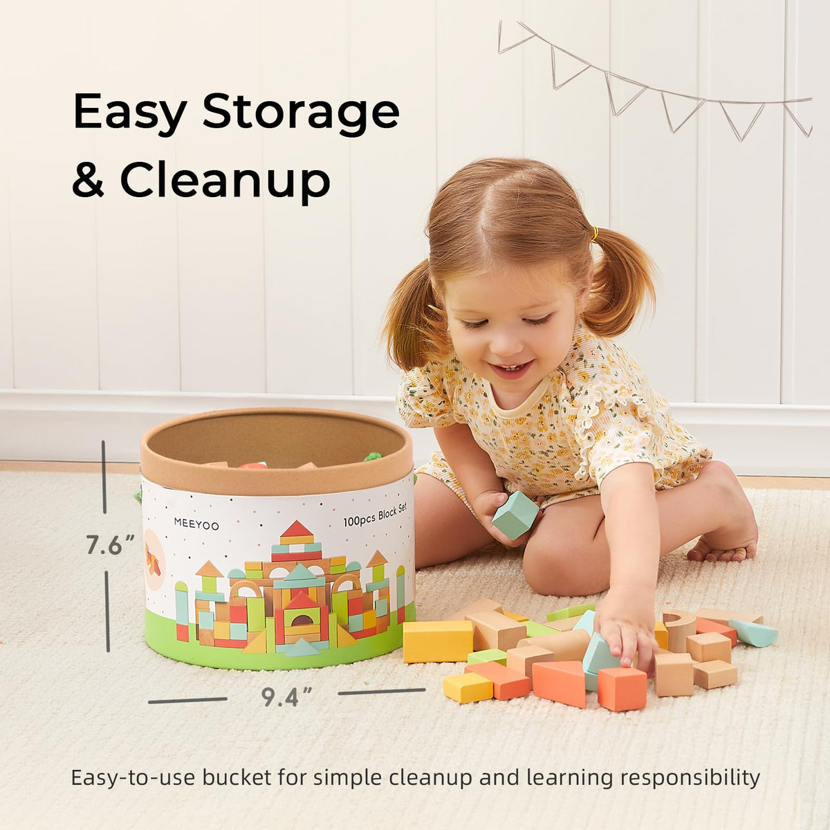 MEEYOO 100pcs Wooden Blocks for Toddlers 1-3 | Safe Montessori Building Blocks with Storage Bucket