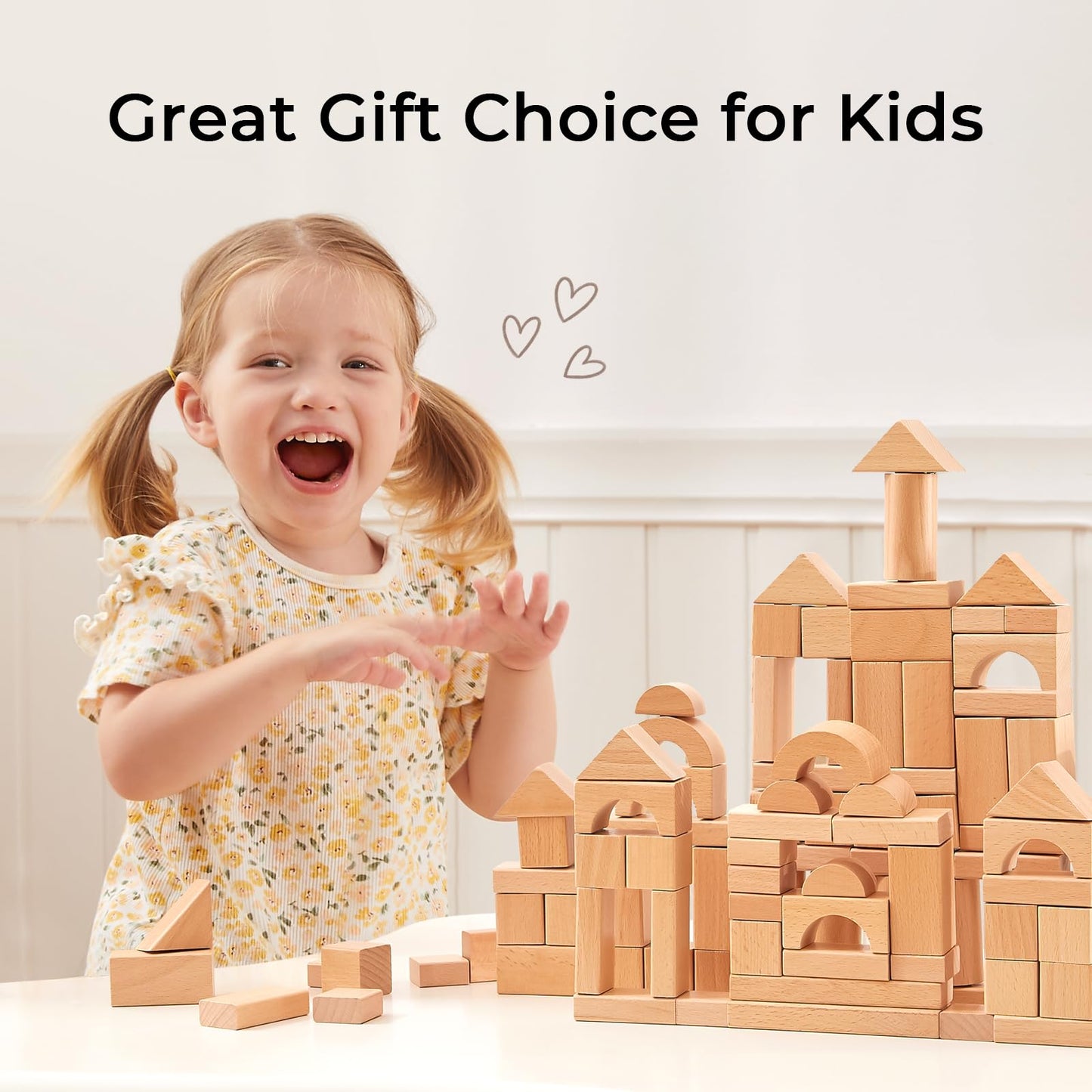 MEEYOO 100pcs Natural Beech Wooden Building Blocks for Toddlers 1-3 | Montessori Toys with Storage Bucket