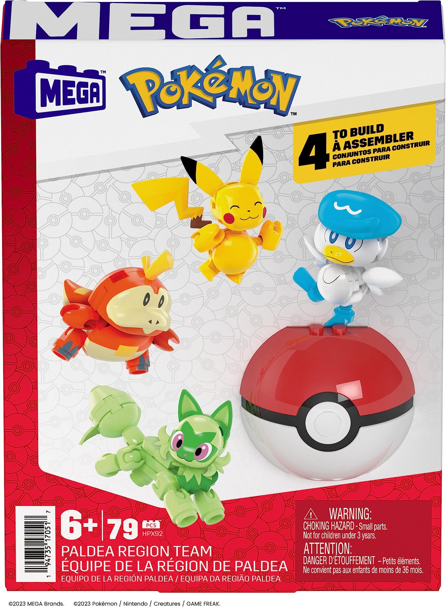 MEGA Pokemon Action Figure Building Kit – Paldea Team (Pikachu, Sprigatito, Fuecoco, Quaxly) + Poké Ball | HPX92
