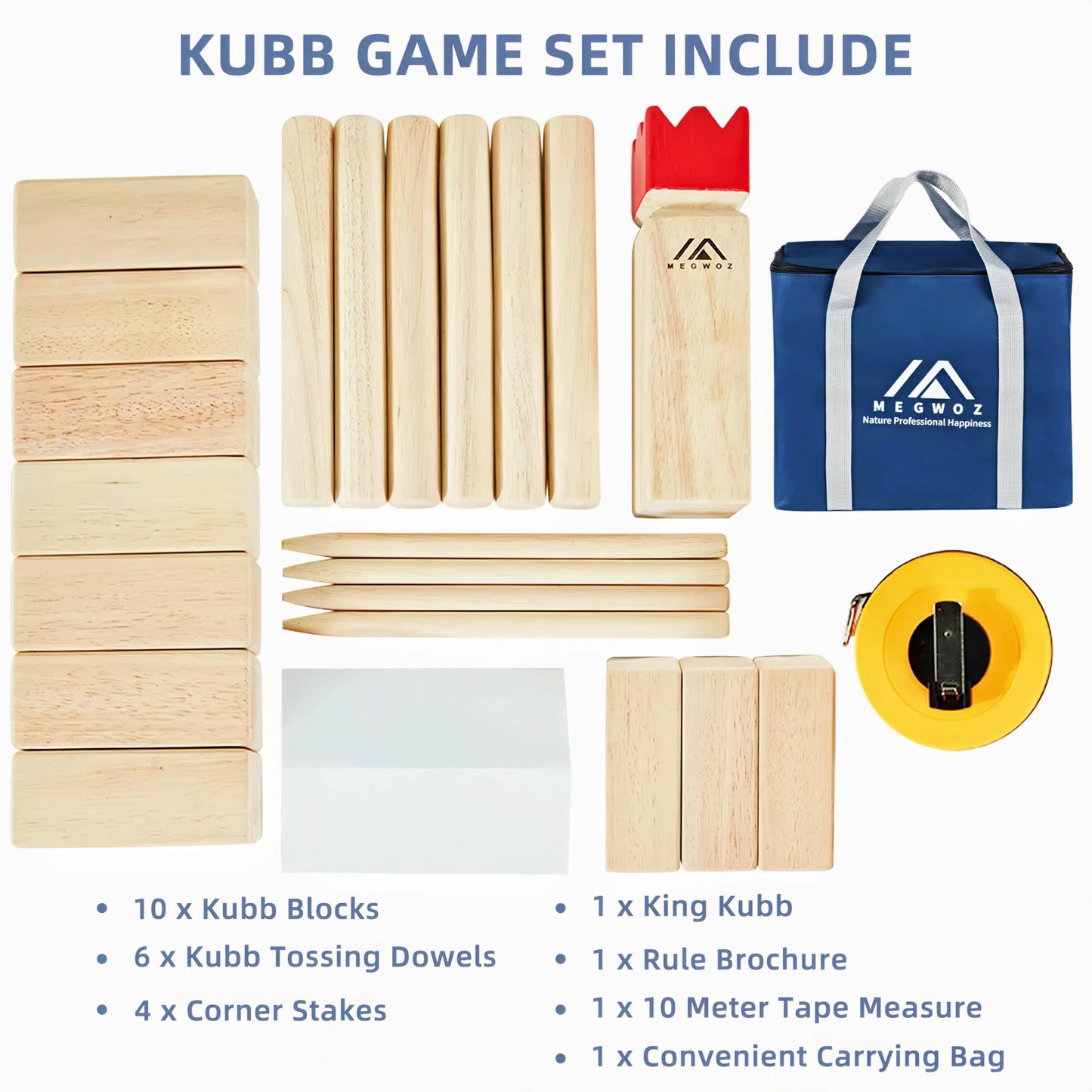 Megwoz Kubb Yard Game – Outdoor Viking Chess for Adults | NZ Pine, Carry Case & 10m Tape