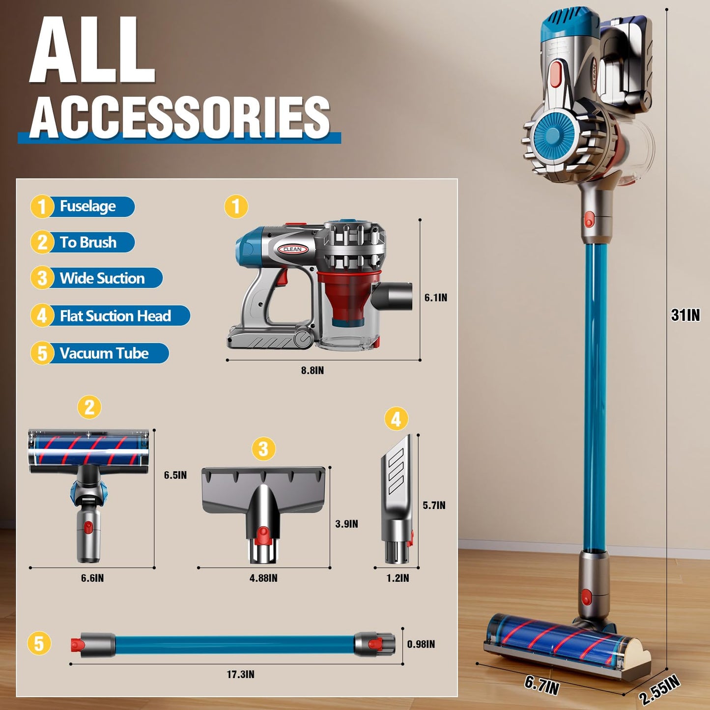 MEIJIABA Kids Vacuum That Really Works – Cordless Toy Vacuum for Toddlers (4-in-1 Cleaning Set)