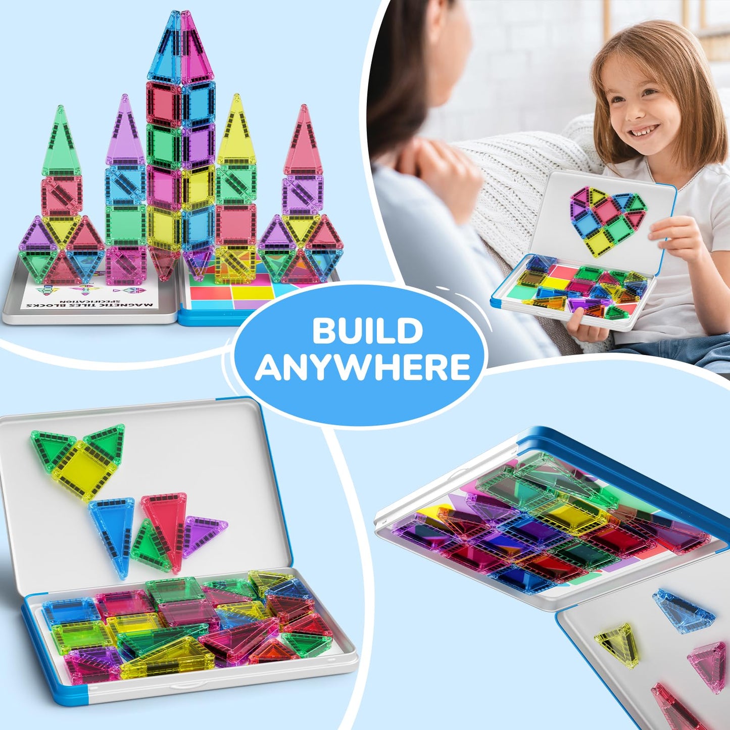 MEIQ 42PCS Mini Magnetic Tiles Travel Set – Portable STEM Blocks for Kids 3-8