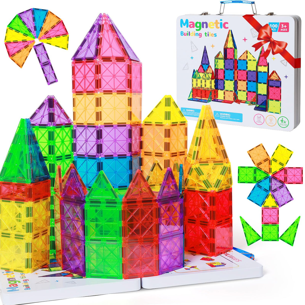MEIQ 100-Piece Magnetic Tiles Set with Premium Case | STEM Building Blocks for Kids 3-8