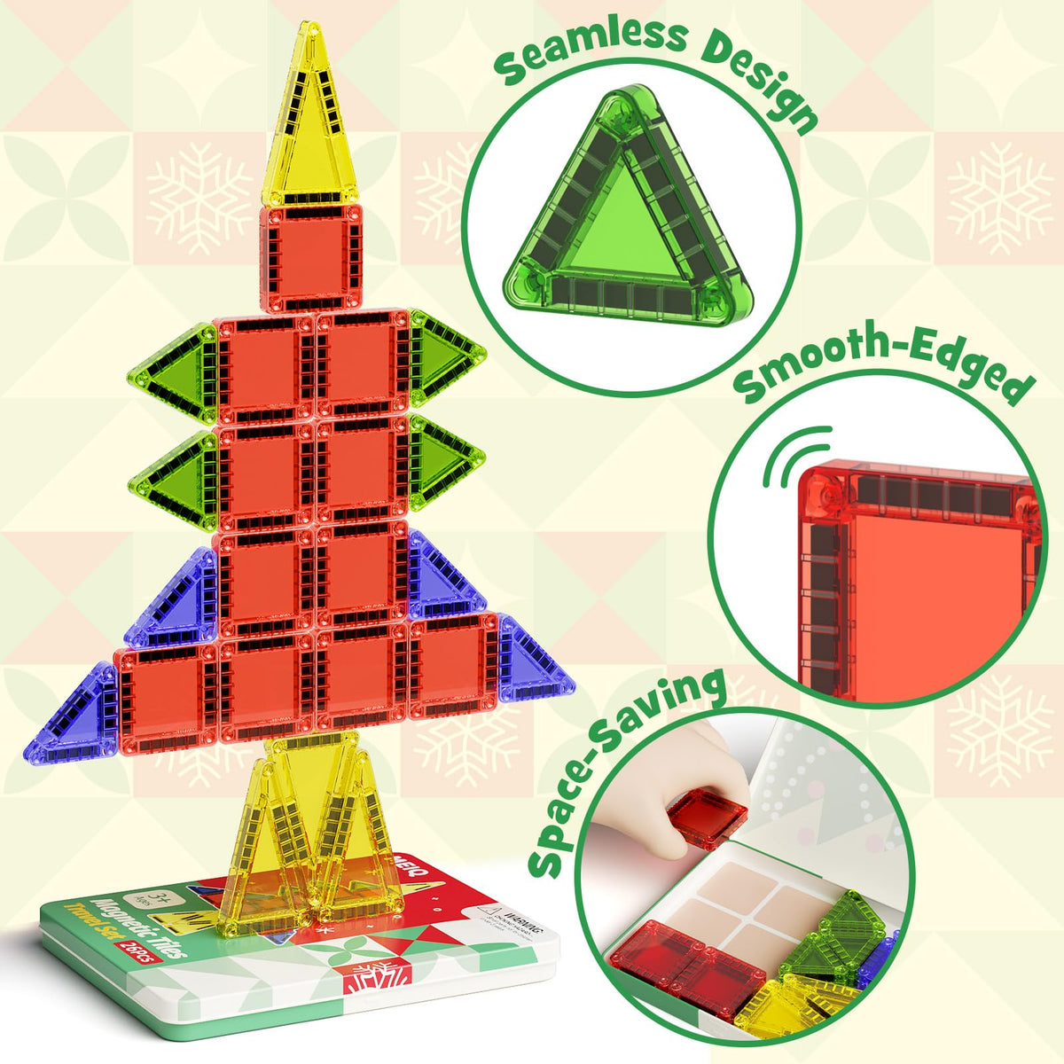 MEIQ Christmas Magnetic Tiles – 26-Piece STEM Toy with Festive Storage Box