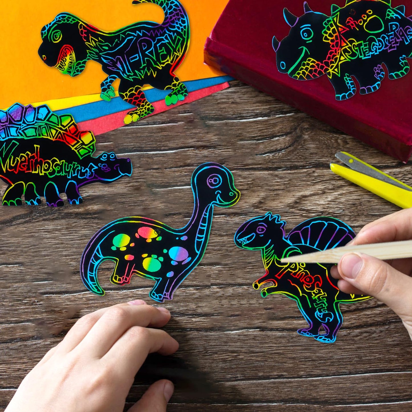 MEIVINES 60PCS 12-Style Rainbow Scratch Dinosaur Bookmarks Kit | DIY Art & Party Favors