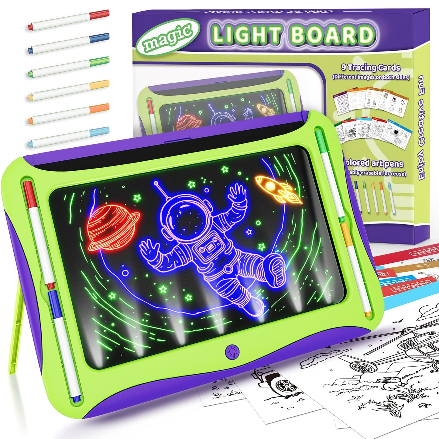 MEJCFARI LED Glow Drawing Board for Kids – Light Up Tracing Pad with 9 Cards & 6 Markers