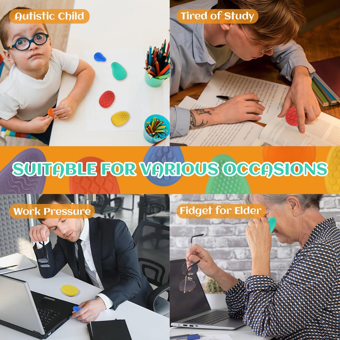 Melearch Fidget Toys Sensory Stone Set — 6 Silicone Textured Worry Stones for Focus and Calm