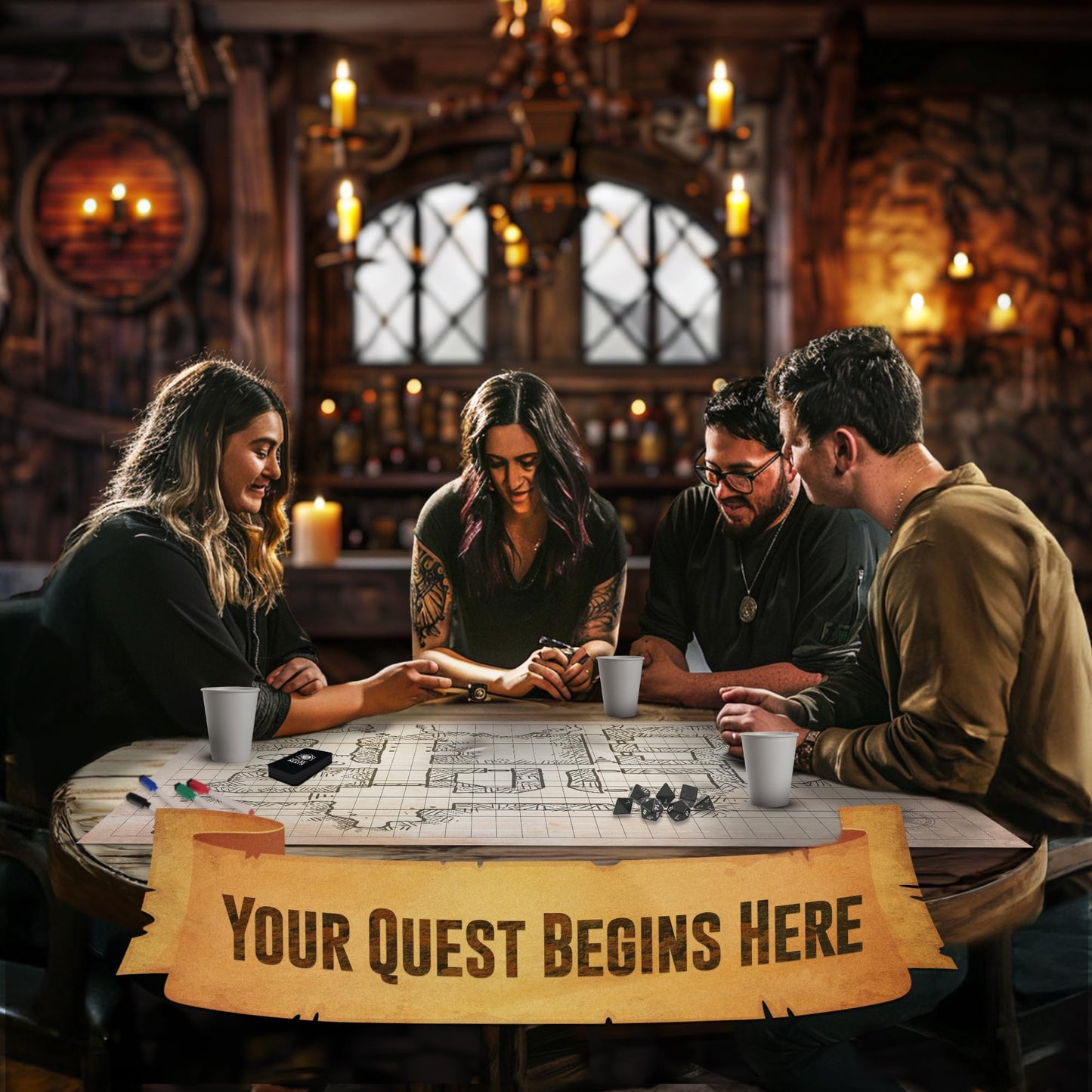 Melee Mats DND Map Starter Set – 23” x 27” Double-Sided Wet & Dry Erase Battle Grid + Accessories