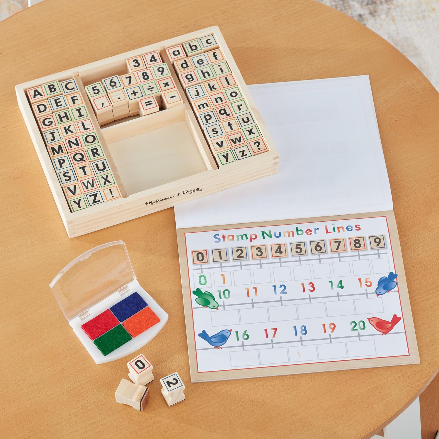 Melissa & Doug Deluxe Wooden Stamp Set – ABCs & 123s, 71 Stamps, 25-Page Activity Book