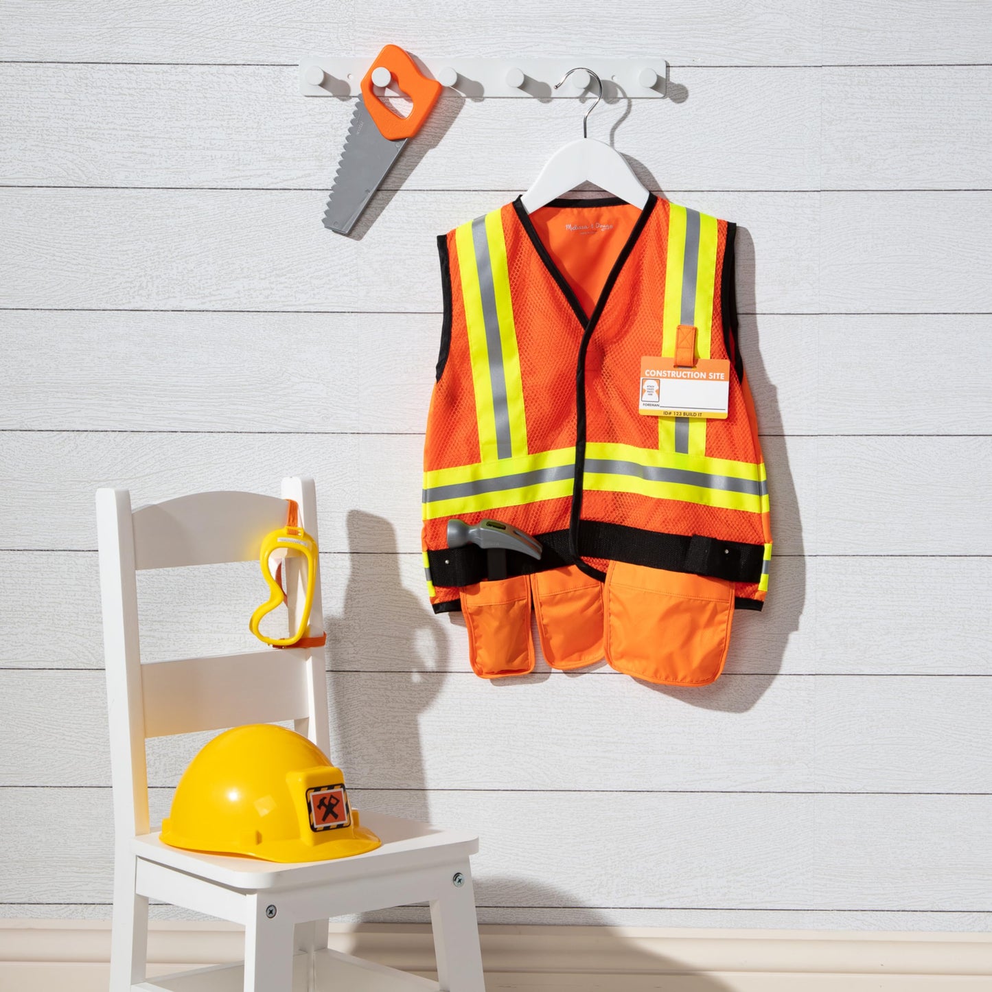Melissa & Doug Construction Worker Costume Dress-Up Set for Kids (6-Piece) – Pretend Play Outfit with Tools & Safety Vest