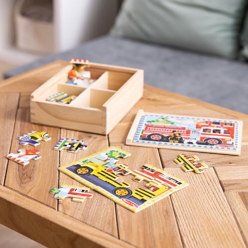 Melissa & Doug 4-in-1 Wooden Vehicle Puzzle Set – 48 Pieces, FSC Certified, Storage Box, Ages 3+