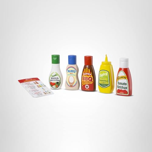 Melissa & Doug 5-Piece Favorite Condiments Play Food Set – Pretend Ketchup, Mustard, Ranch, Mayo, BBQ (Ages 3+)