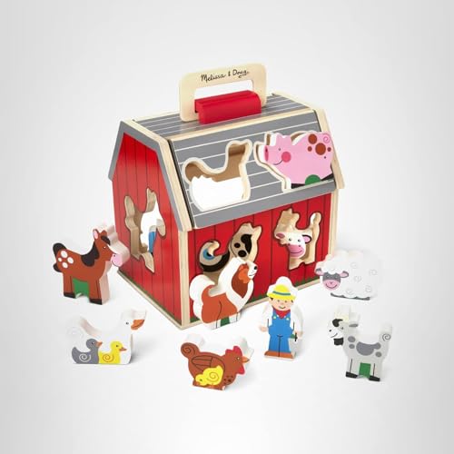 Melissa & Doug Take-Along Wooden Barn – 11-Pc Portable Farm Playset with Pop-Up Roof