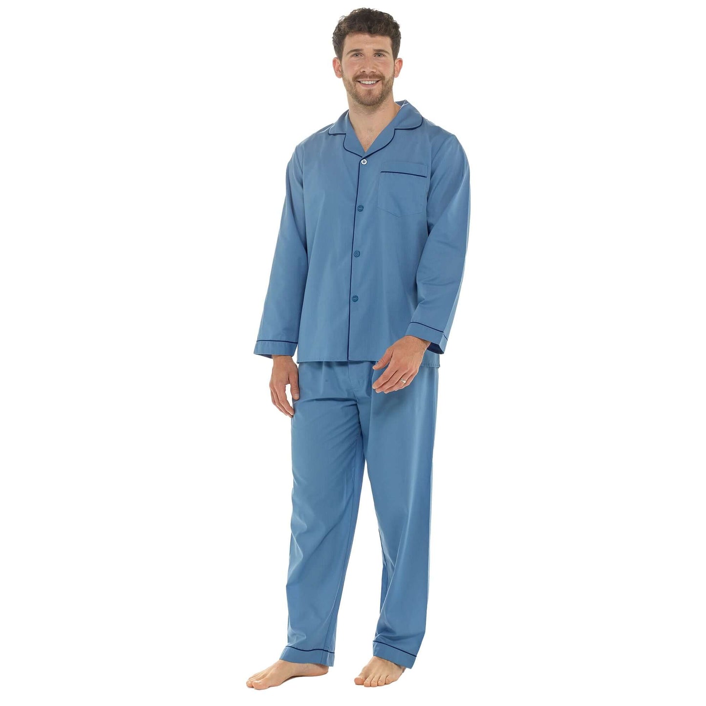Men's Classic Blue Woven Pyjama Set Long Sleeve Button Top & Bottoms Easy Care Nightwear Sleepwear by Sock Stack