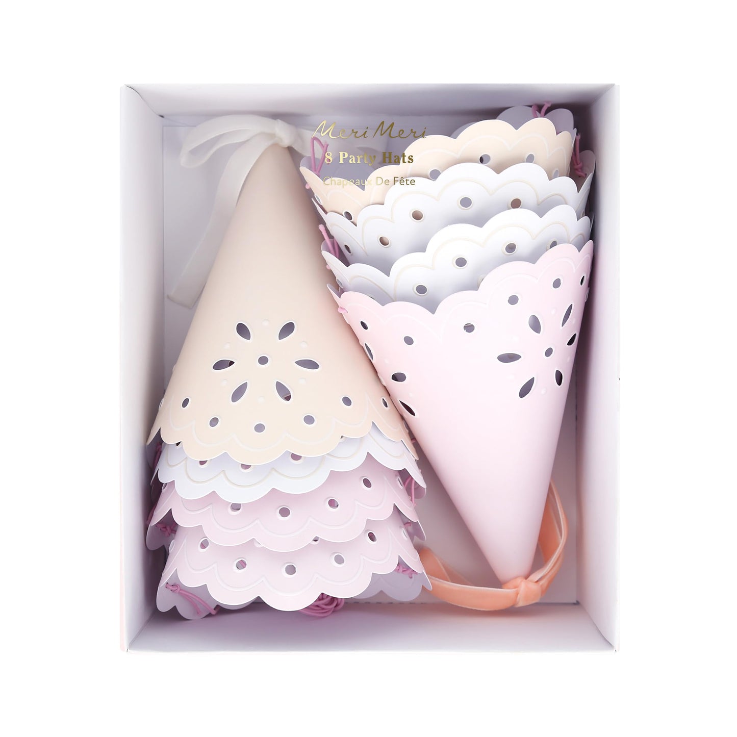 Meri Meri Broderie Anglaise Lace Party Hats Pack of 8 – Pastel Colors with Velvet Bows