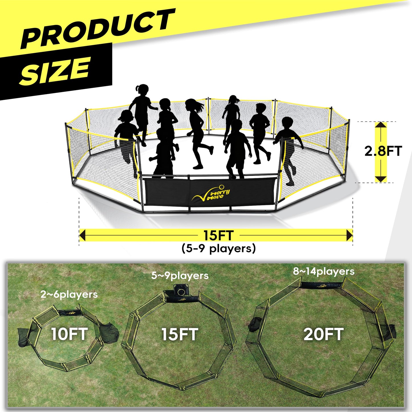 MerryMove 15FT 3-in-1 Gaga Ball Pit with Hoop & Goals | Portable Outdoor Play System