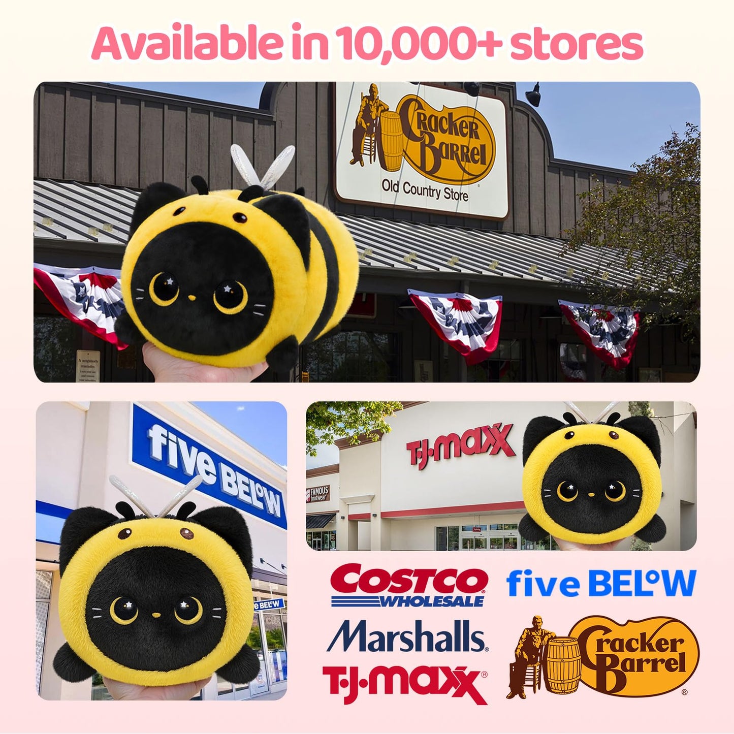 Mewaii Cute Black Cat Bee Plush Pillow — 16in Kawaii Toy