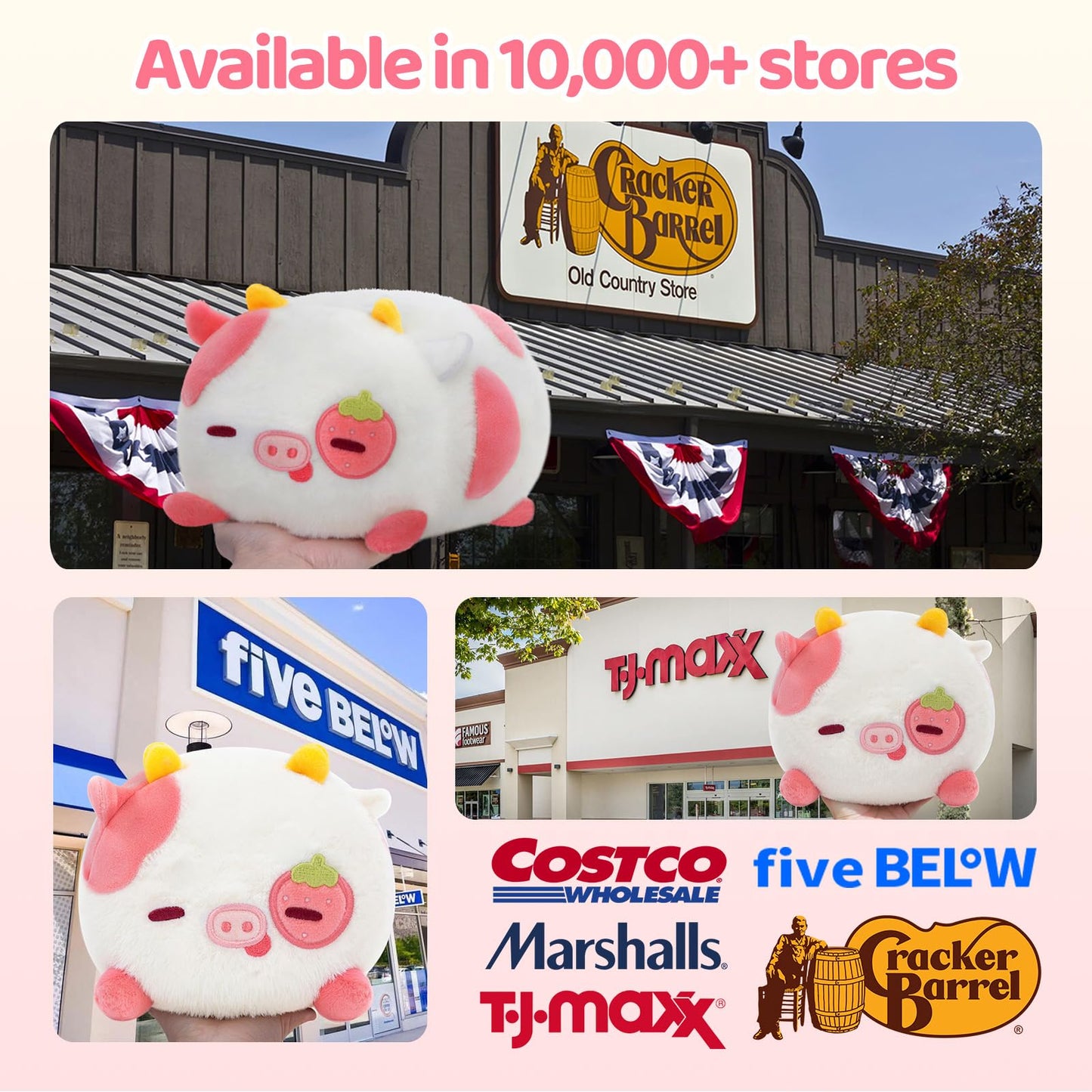 Mewaii Strawberry Cow Plush Pillow – 16-Inch Kawaii Pink Cow Plush Toy