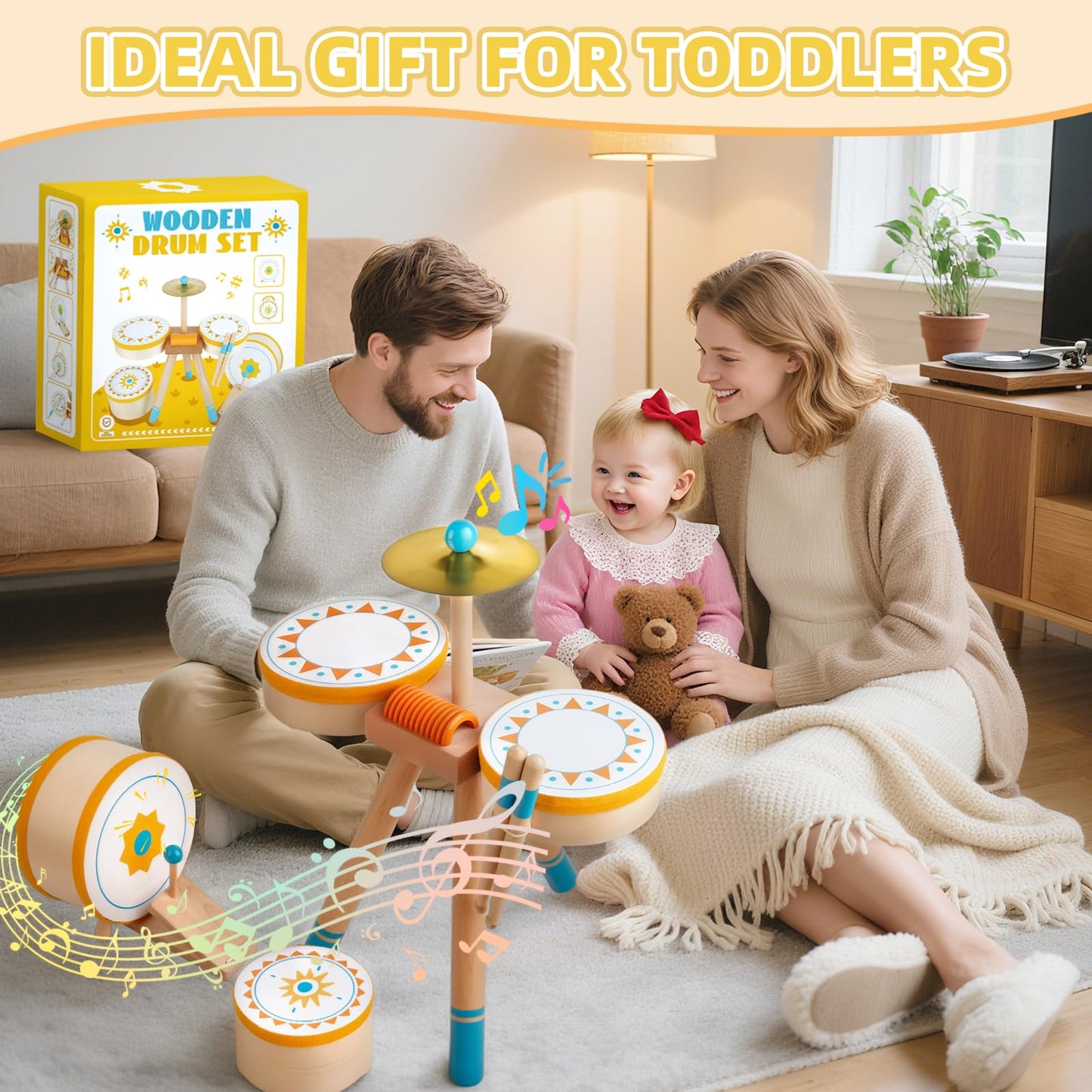 Meytccve Toddlers Drum Set – Wooden Montessori Jazz Drum for 1-3 Years