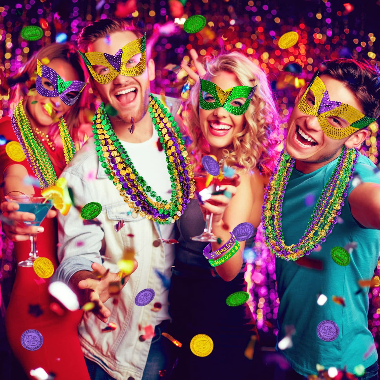 MGparty 216 PCS Mardi Gras Accessories Set – Masks, Beads, Coins, Tattoos & More for Carnival, Parade, Masquerade