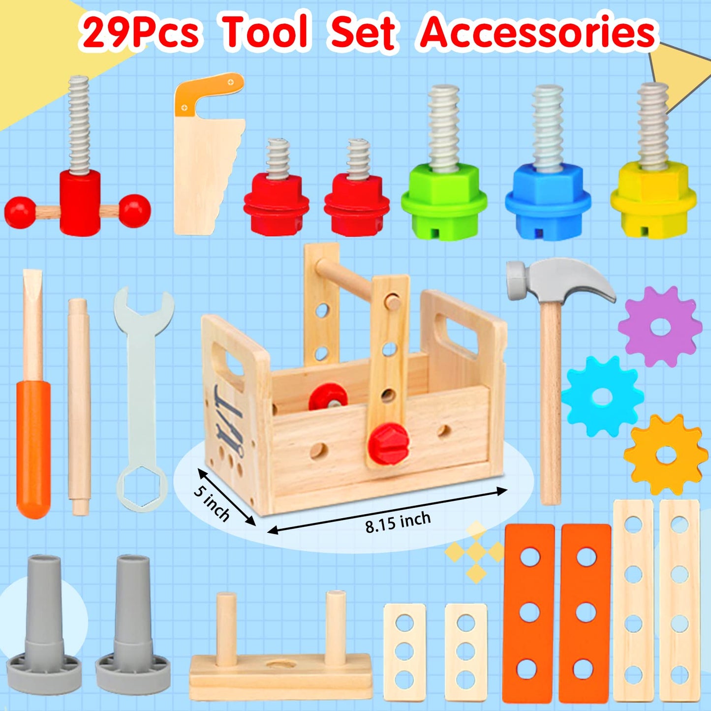 Mgtfbg Kids Tool Set – 29 PCS Wooden Toddler Tools for Montessori STEM Pretend Play