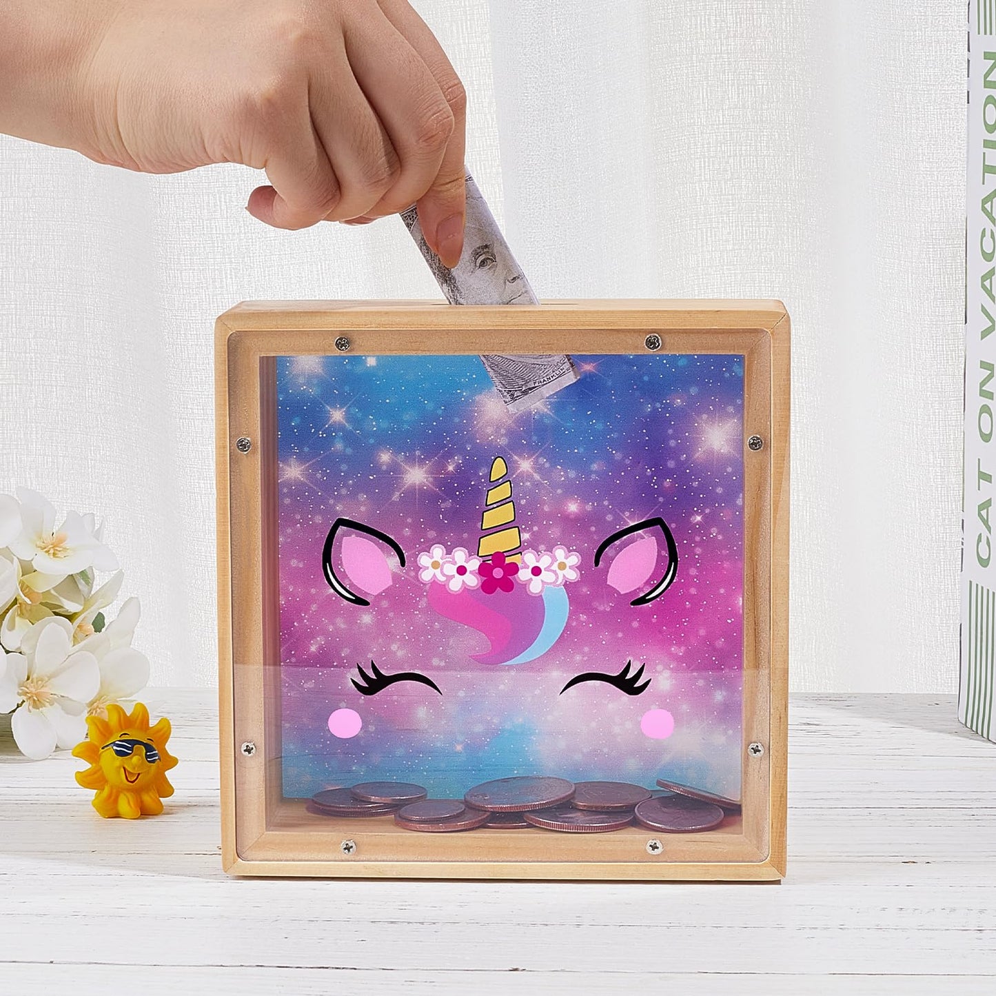 MHJY Dinosaur Unicorn Piggy Bank for Kids – Wooden Savings Box with DIY Stickers (Purple-Blue)