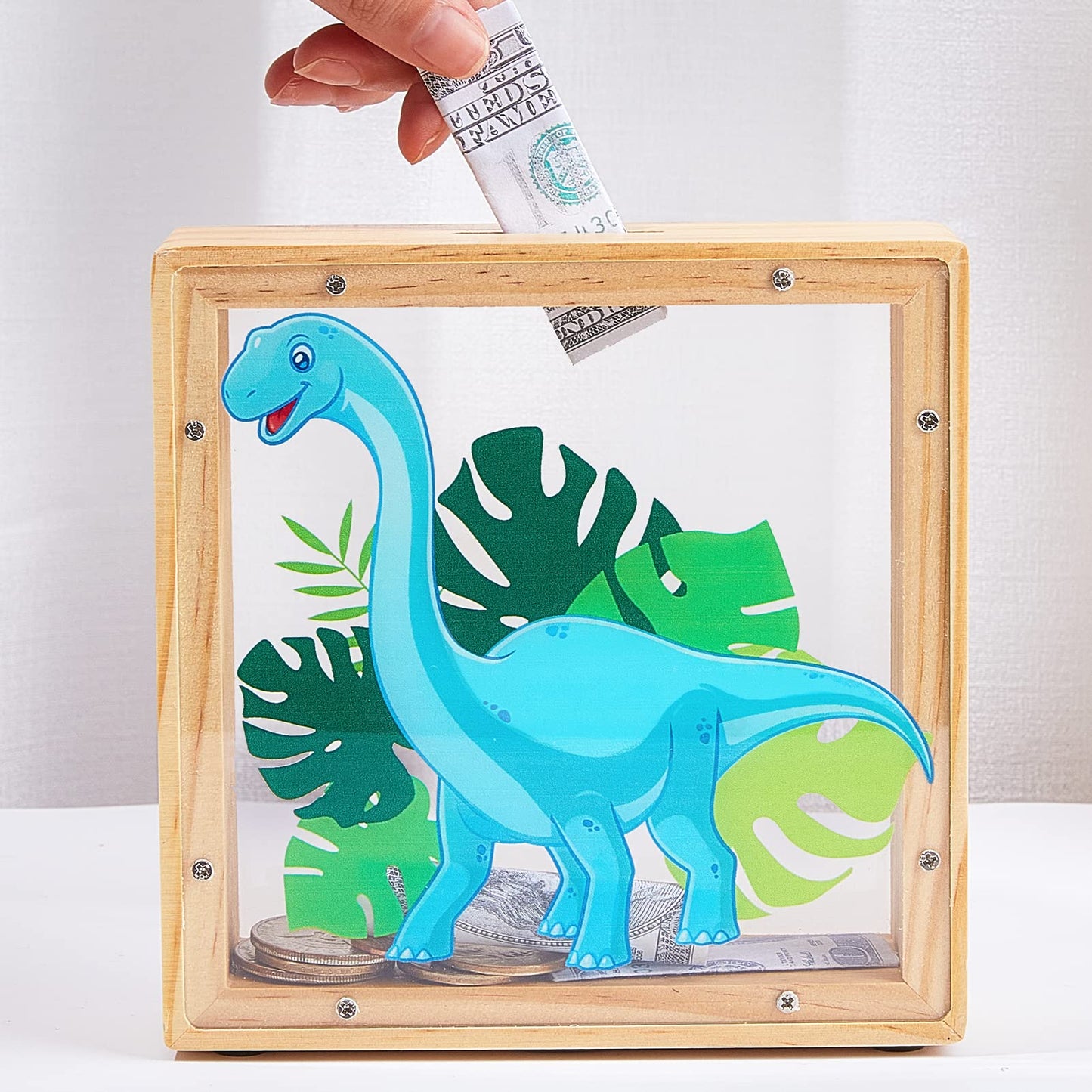 MHJY Piggy Bank for Kids - Wooden & Acrylic Dinosaur Unicorn Bank with DIY Stickers (Blue)