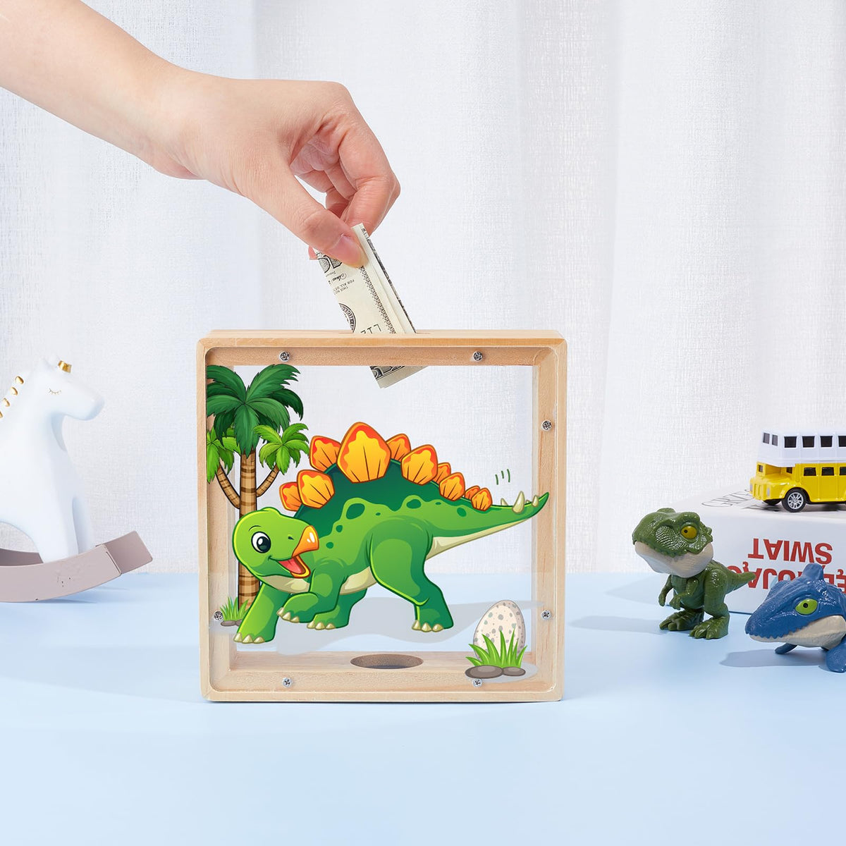 MHJY Piggy Bank for Kids — Wooden Dinosaur & Unicorn with DIY Stickers (Green Yellow)