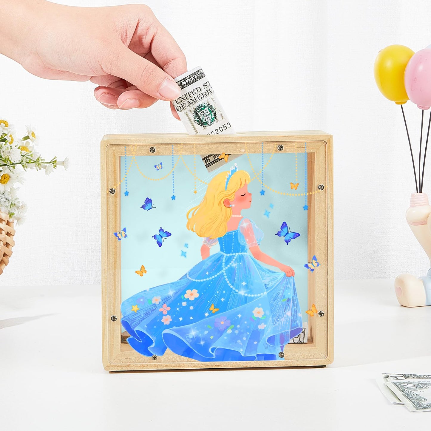 MHJY Piggy Bank for Kids - Wooden Dinosaur Unicorn with DIY Stickers (Purple/Blue)