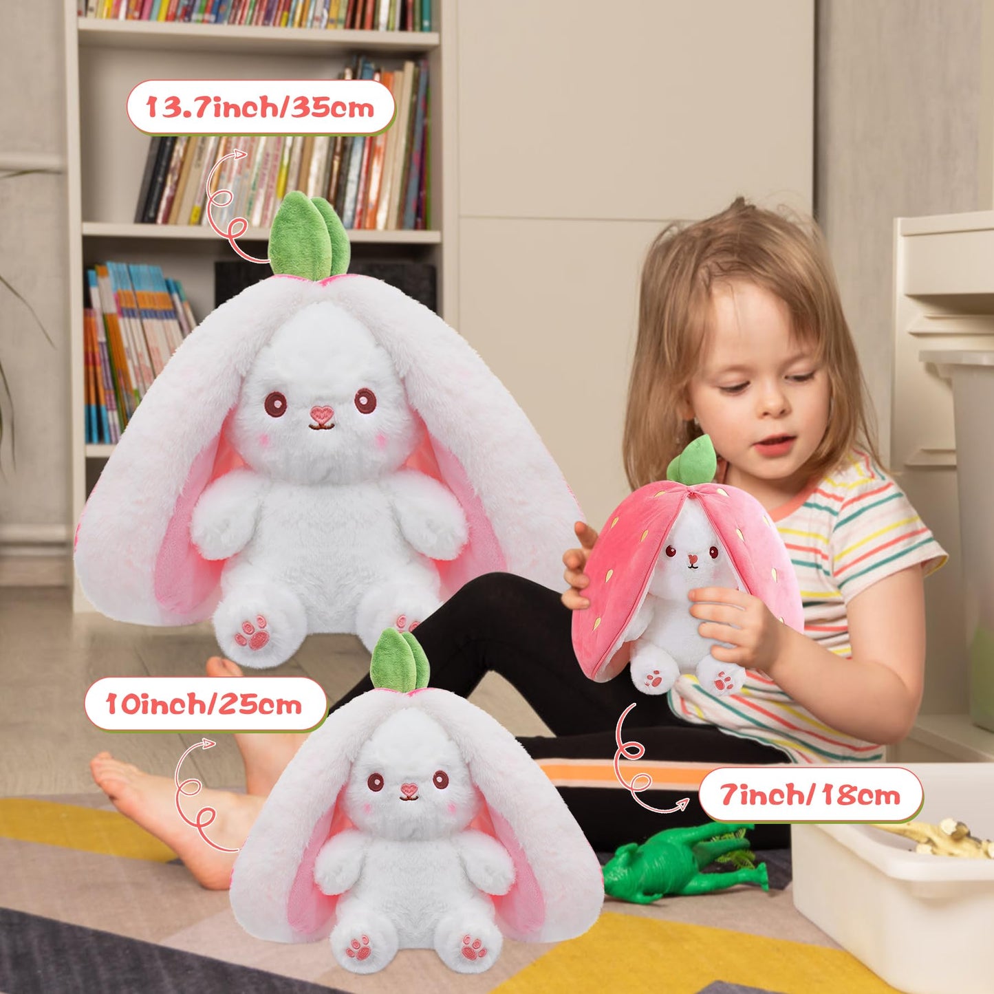 MIAODAM 13.7in Large Easter Bunny Plush – Convertible Strawberry to White Rabbit Plush Pillow