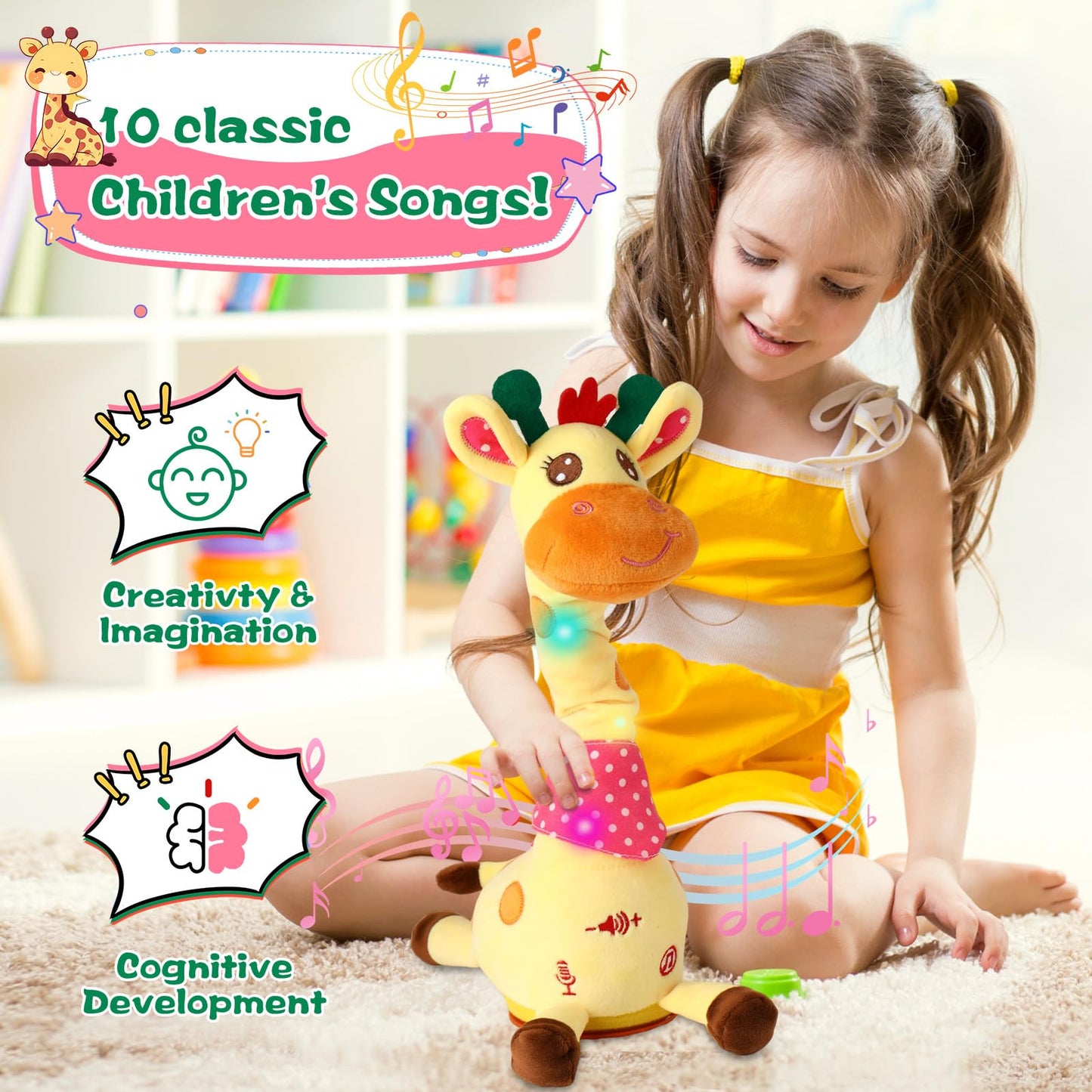 MIAODAM Dancing Talking Giraffe Plush Toy – 10 Songs, LED Lights, Interactive Baby Toy for Toddlers 1-3