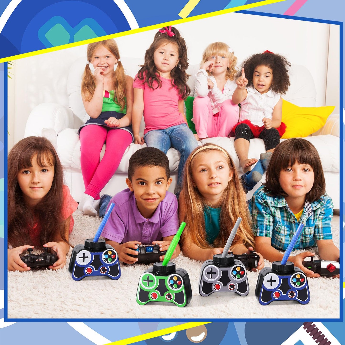 Mifoci 24 Pcs Blue Gamepad Cup Set – 10oz Plastic Cups with Lids & Straws for Gamer Birthday Parties
